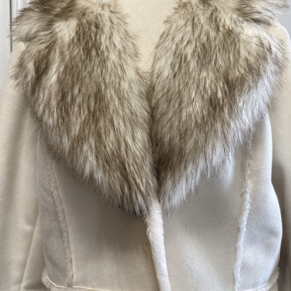 Venus Fur Lined Faux Fur + Suede Cream Ivory Coat Women's XL Machine Washable - Picture 2 of 5